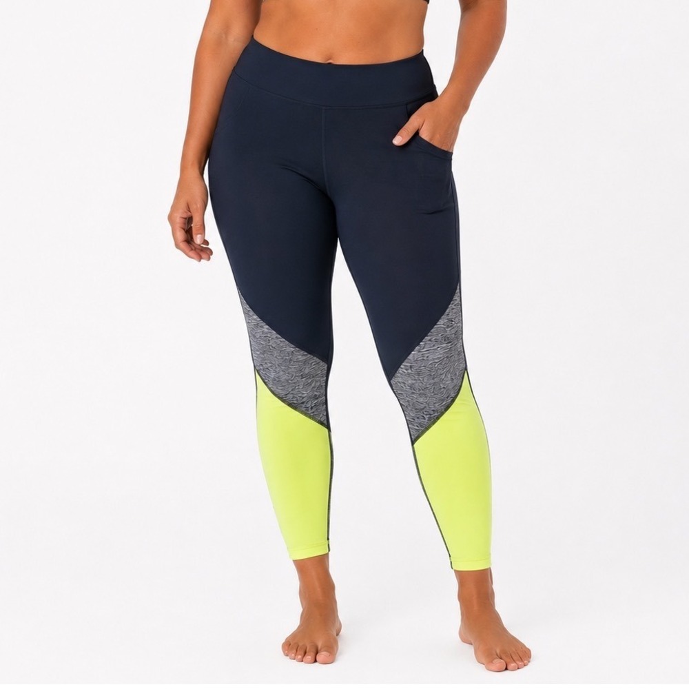 Xersion Womens 1X Quick-Dri 7/8 Ankle Leggings Navy Blue Neon Yellow Colorblock